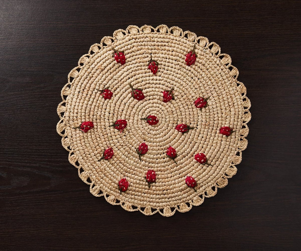Scattered Strawberry Hand - Crocheted Raffia Palm Round Placemat - Liza Pruitt