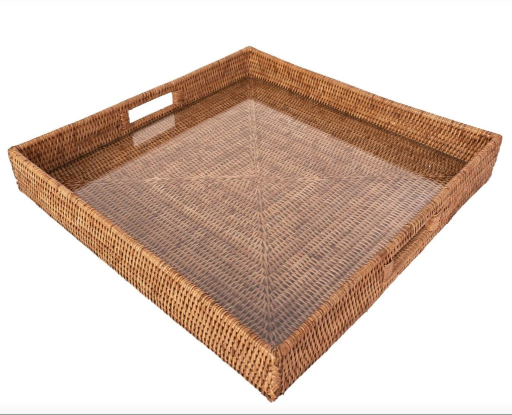 Square Rattan Tray with Glass Insert 18" x 18" x 3" - Liza Pruitt