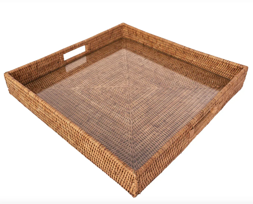 Square Rattan Tray with Glass Insert 18" x 18" x 3" - Liza Pruitt