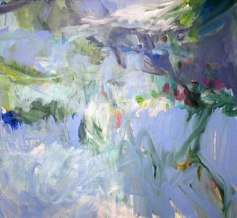 Luminous abstract painting inspired by light, layered in blues, greens, and pale lavenders drift.