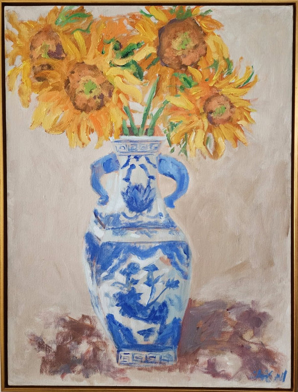 Sunflowers in Chinoiserie Vase | 25" h x 19" w | Framed - Liza Pruitt