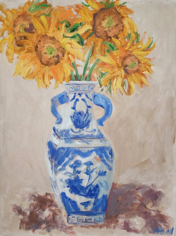 Sunflowers in Chinoiserie Vase | 25" h x 19" w | Framed - Liza Pruitt