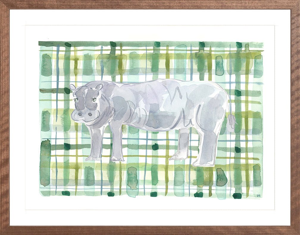 The "Plaid Hippo" Watercolor Animal Fine Art Print - Liza Pruitt