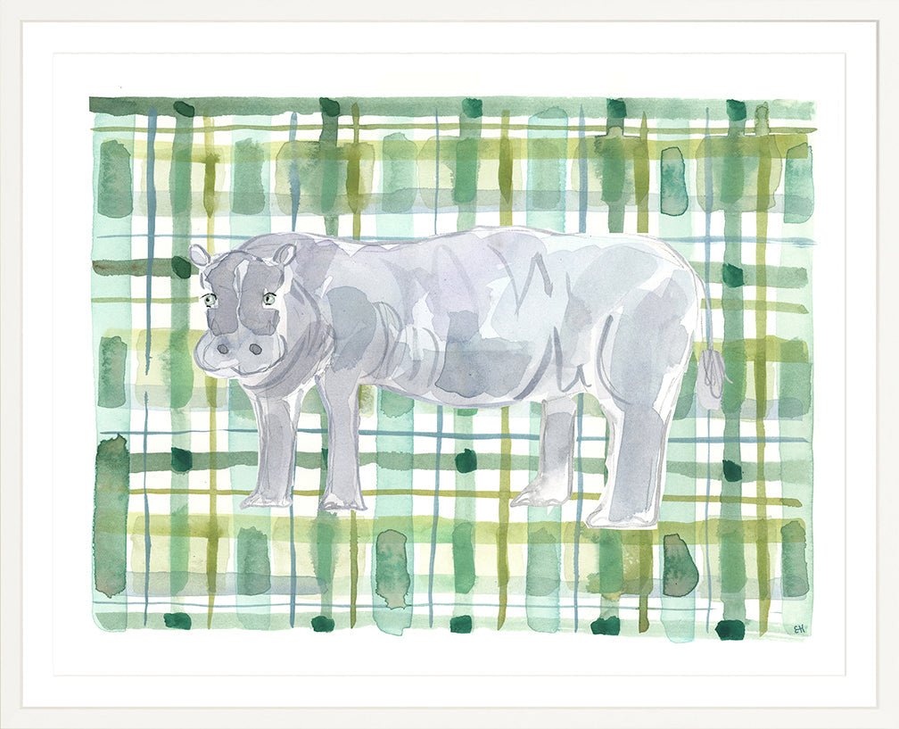 The "Plaid Hippo" Watercolor Animal Fine Art Print - Liza Pruitt