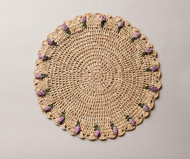Tulip Floral Placemat – Hand - Crocheted Raffia – Spring Table Decor – Easter Table Setting – Handmade by Artisans in Madagascar - Liza Pruitt