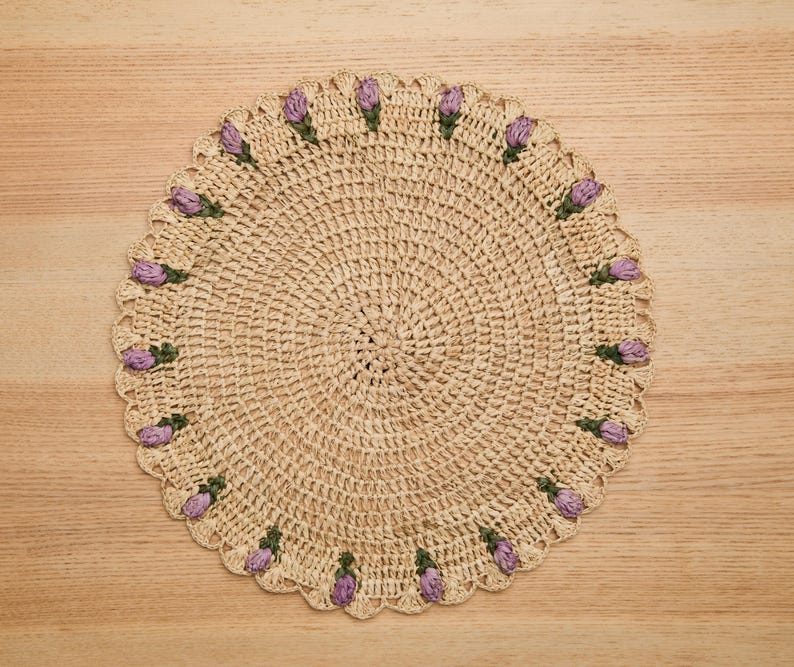 Tulip Floral Placemat – Hand - Crocheted Raffia – Spring Table Decor – Easter Table Setting – Handmade by Artisans in Madagascar - Liza Pruitt
