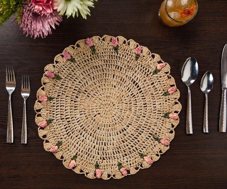 Tulip Floral Placemats – Hand - Crocheted Raffia Palm Floral Placemats – Spring Table Decor - Liza Pruitt
