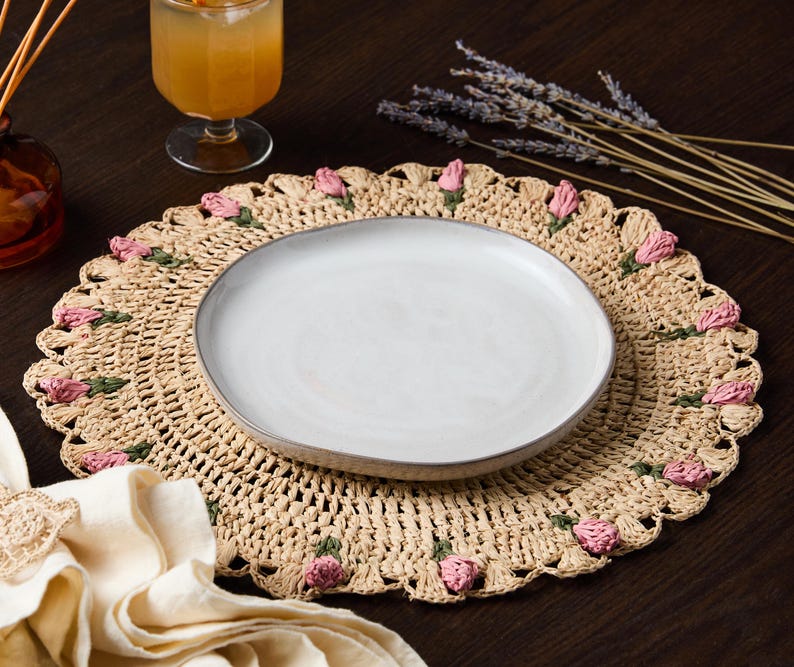 Tulip Floral Placemats – Hand - Crocheted Raffia Palm Floral Placemats – Spring Table Decor - Liza Pruitt