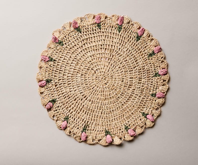 Tulip Floral Placemats – Hand - Crocheted Raffia Palm Floral Placemats – Spring Table Decor - Liza Pruitt