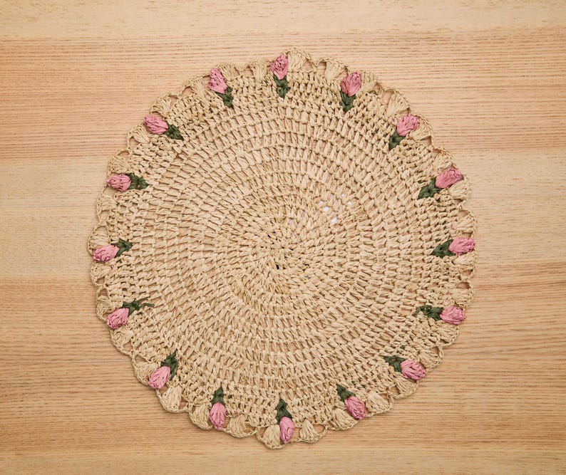 Tulip Floral Placemats – Hand - Crocheted Raffia Palm Floral Placemats – Spring Table Decor - Liza Pruitt
