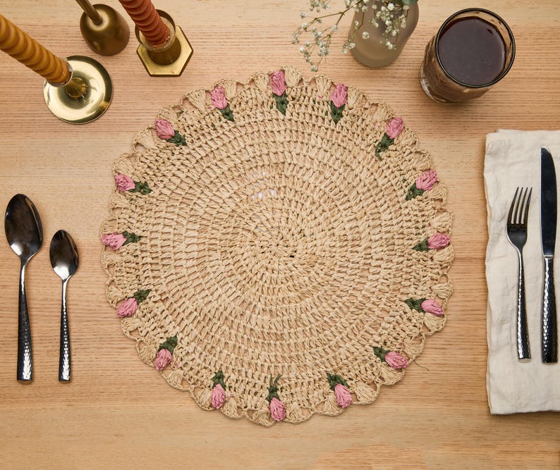 Tulip Floral Placemats – Hand - Crocheted Raffia Palm Floral Placemats – Spring Table Decor - Liza Pruitt