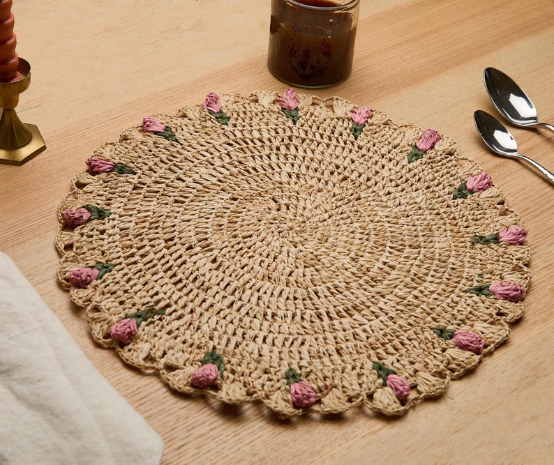 Tulip Floral Placemats – Hand - Crocheted Raffia Palm Floral Placemats – Spring Table Decor - Liza Pruitt