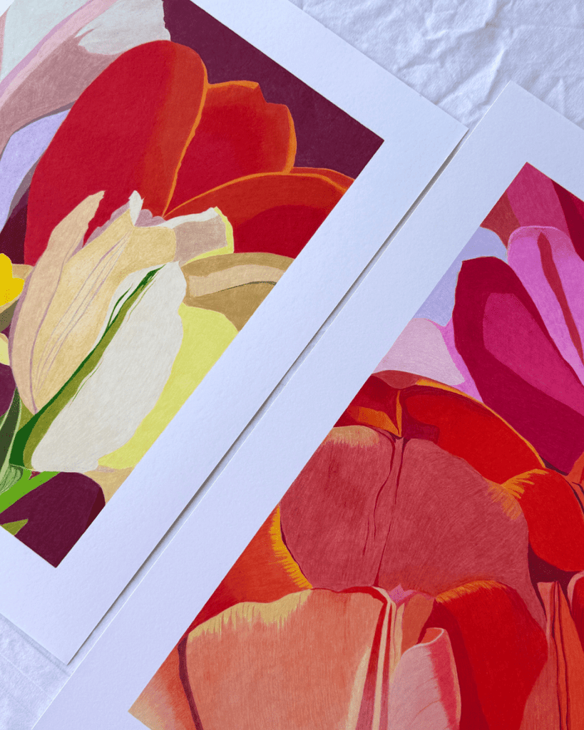White and Yellow Tulips, with Red | 24" h x 16" w - Liza Pruitt