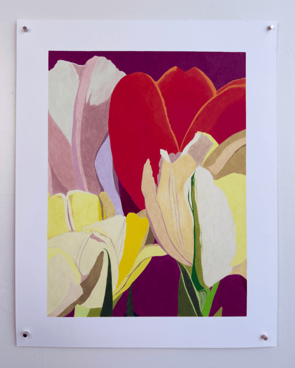 White and Yellow Tulips, with Red | 24" h x 16" w - Liza Pruitt