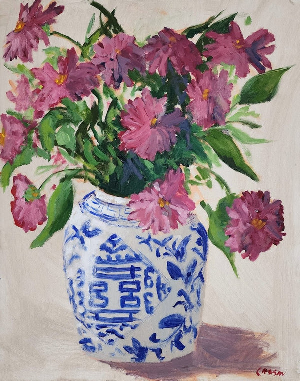 Zinnias in Chinoiserie Vase | 21" h x 17" w | Framed - Liza Pruitt