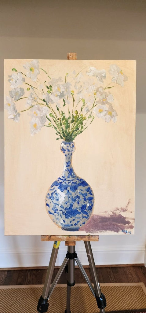 Anemones in Curving Chinoiserie Vase | 24" h x 18" w - Liza Pruitt