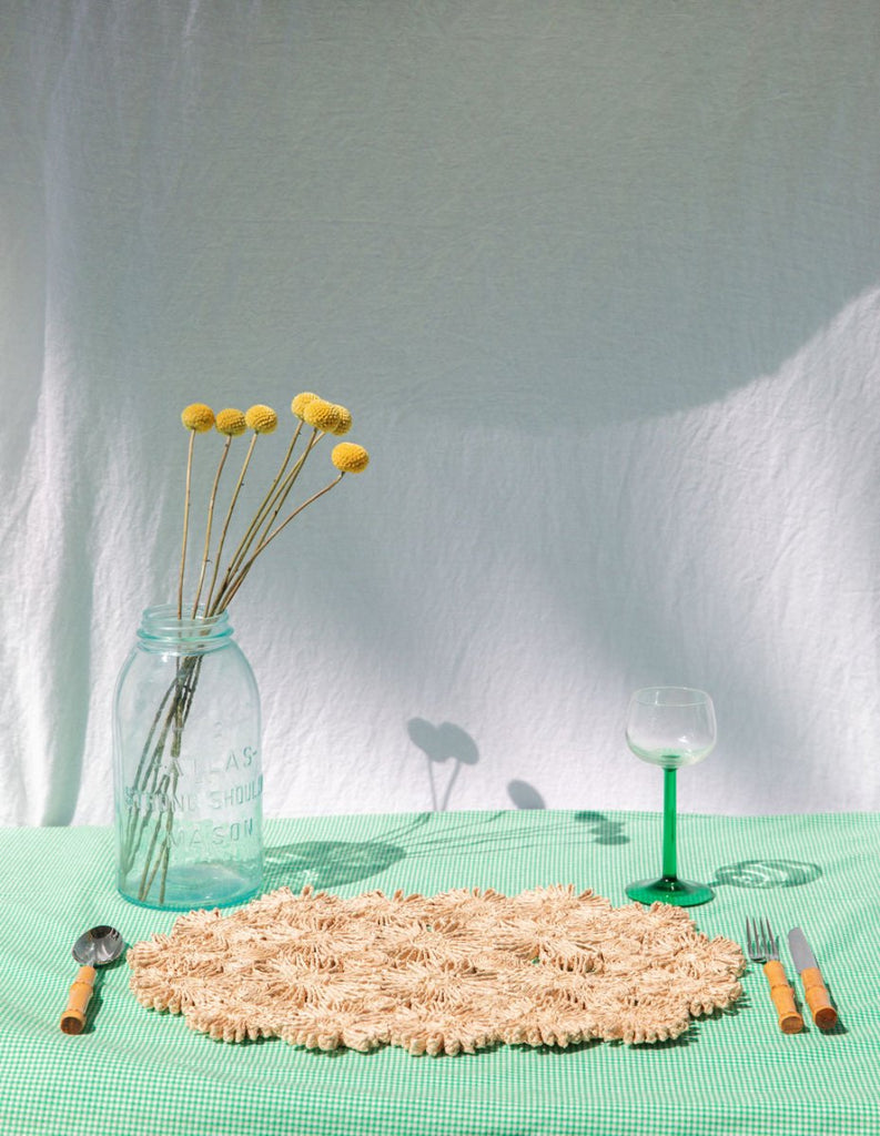 Fleur Raffia Placemat, Natural Color Flowers Woven Tabletop - Liza Pruitt