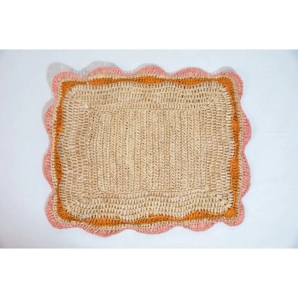 Garden Party placemats with Pink and Orange Edges, Hand Woven Rectangular Table Mat - Liza Pruitt