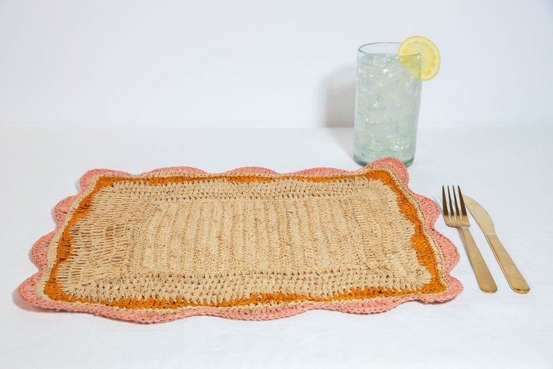 Garden Party placemats with Pink and Orange Edges, Hand Woven Rectangular Table Mat - Liza Pruitt