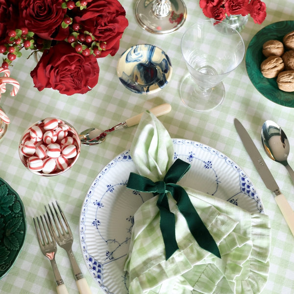 Green Gingham Rectangular Tablecloth with Ruffle - Liza Pruitt