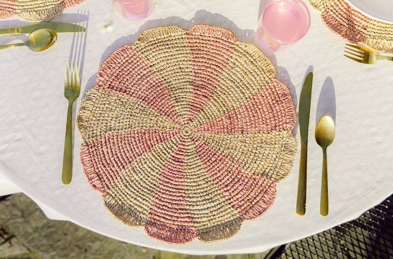 Pinwheel Pink Placemat, raffia tabletop - Liza Pruitt