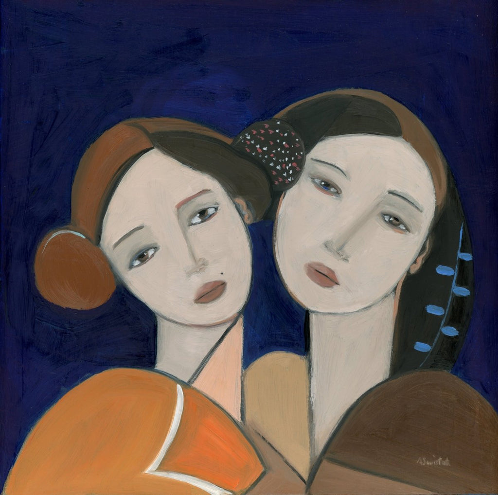 Sisters In Blue Orange And Brown I | 12" h x 12" w | Framed - Liza Pruitt
