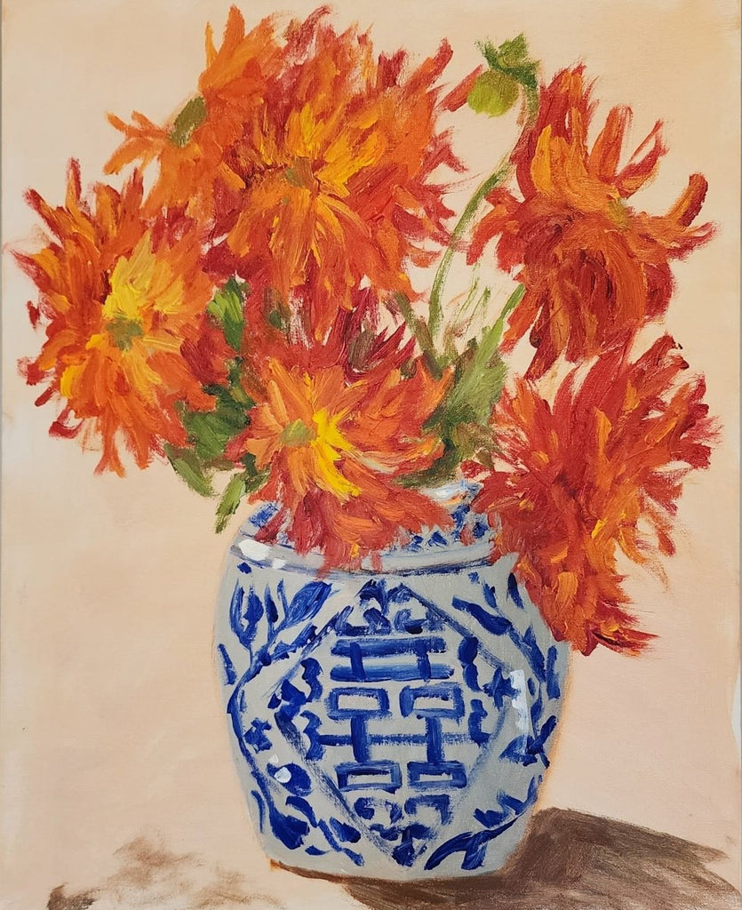 "Solar Flame" Dahlias in Chinoiserie Vase | 20" h x 16" w - Liza Pruitt